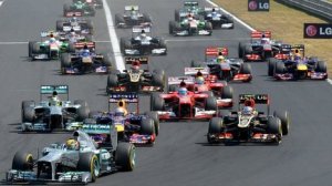 Hamilton leads into turn one at the Hungaroring